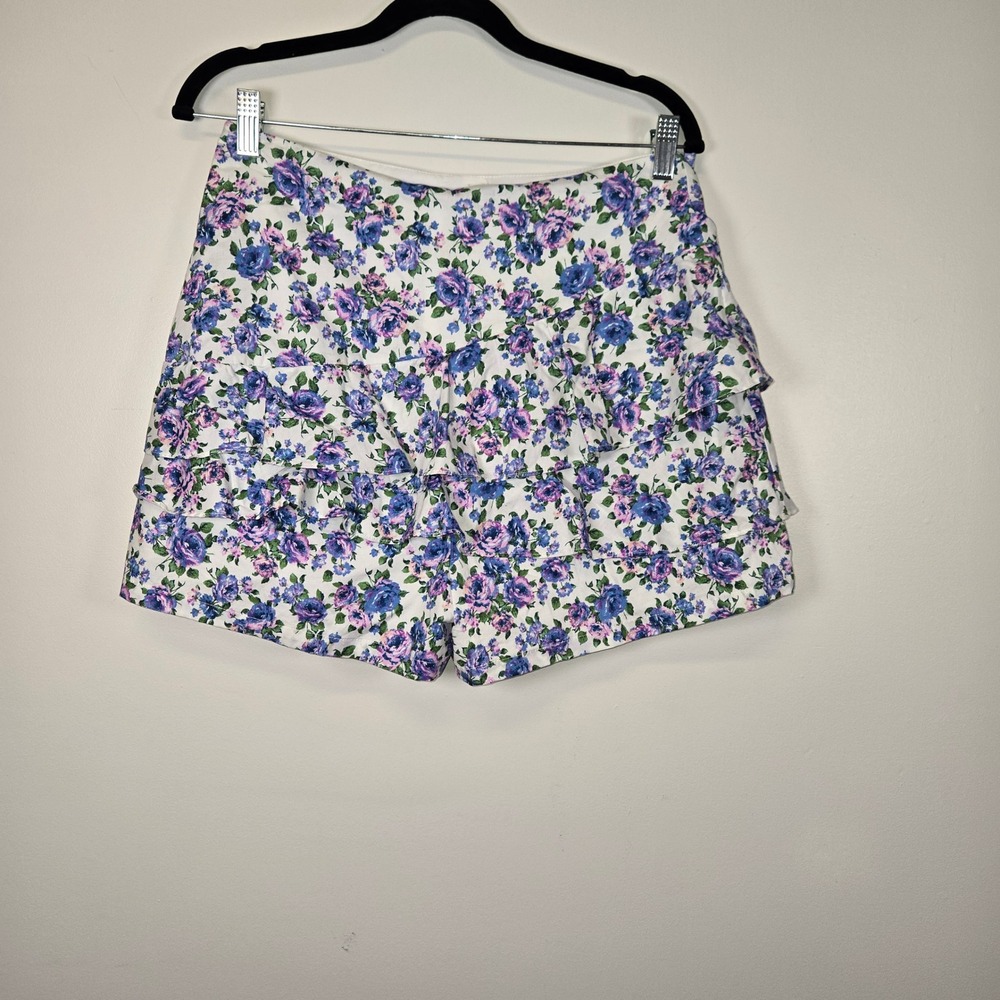 DO+BE Womens Floral Ruffle Skort Blue Purple Rose Print Tiered Shorts Size L NWT